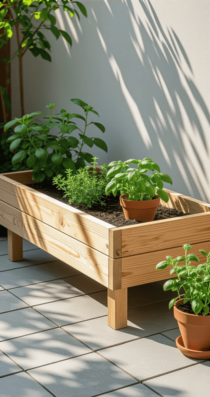 DIY Moestuinbakken Maken: De Complete Gids voor een Prachtige en Functionele Moestuin Scandinavisch minimalistische moestuinbak van natural pine met houten poten op 75 cm hoogte, verlicht door zachte ochtendlicht. Geometrische schaduwen op lichtgrijze Belgische blauwe steen. Voorgrond met een enkele terracotta pot met verse basilicum en achtergrond van een schone witte muur. Drie houten plantenlabels in gedempt saliegroen in het bed. Kleurpalet van natuurlijk dennenhout, krijtwit, verse saliegroen en warm terracotta.