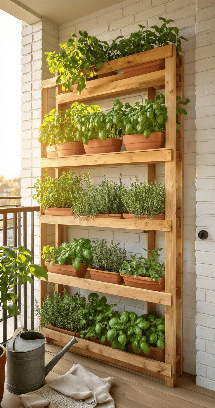 DIY Kruidenrek Buiten: Bouw, Style en Fotografeer je Eigen Verticale Kruidentuin A sunlit Dutch balcony with a vertical herb rack made of warm douglas wood, featuring terracotta pots of basil, rosemary, and mint, against a whitewashed brick wall, with a weathered zinc watering can and a folded natural linen cloth, all bathed in soft morning light.