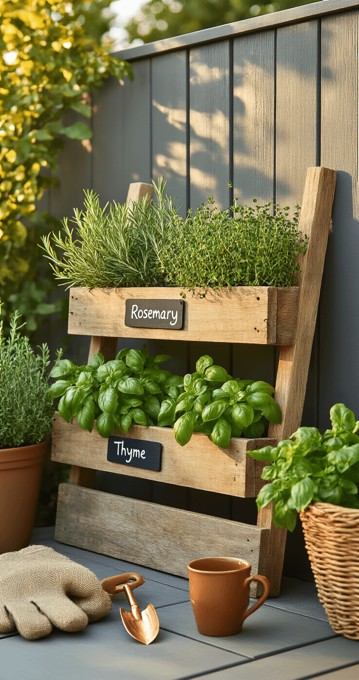 DIY Kruidenrek Buiten: Bouw, Style en Fotografeer je Eigen Verticale Kruidentuin A cozy Dutch garden patio at golden hour features a rustic pallet herb rack overflowing with rosemary, thyme, basil, and parsley, marked with chalk labels. A woven basket of freshly harvested mint, a copper trowel, a burlap glove, and a ceramic espresso cup add warmth to the scene, surrounded by amber and olive green tones.