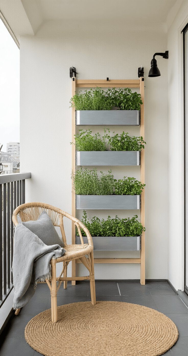 DIY Kruidenrek Buiten: Bouw, Style en Fotografeer je Eigen Verticale Kruidentuin A compact Dutch balcony featuring a vertical herb rack against a matte white wall, with fresh green herbs in zinc planters, a natural rattan bistro chair with a grey linen throw, and a round coir doormat, all presented in a minimal, modern Scandinavian style under soft midday light.