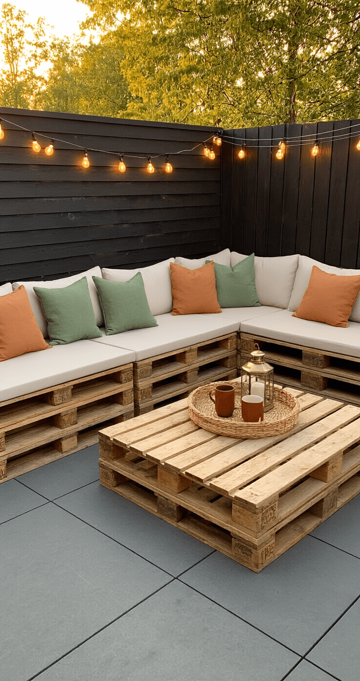 DIY Buitenzitje Maken: Zo Creëer Je Een Pinterest-Waardige Loungehoek Voor Minder Dan €200 A cozy Dutch garden terrace at golden hour featuring a rustic L-shaped pallet lounge set with Sunbrella cushions, accented by terracotta and sage green pillows. A reclaimed wood coffee table holds ceramic mugs and a brass lantern, surrounded by potted olive trees and trailing monstera plants. String lights drape across a wooden fence, creating a warm ambiance in the scene.