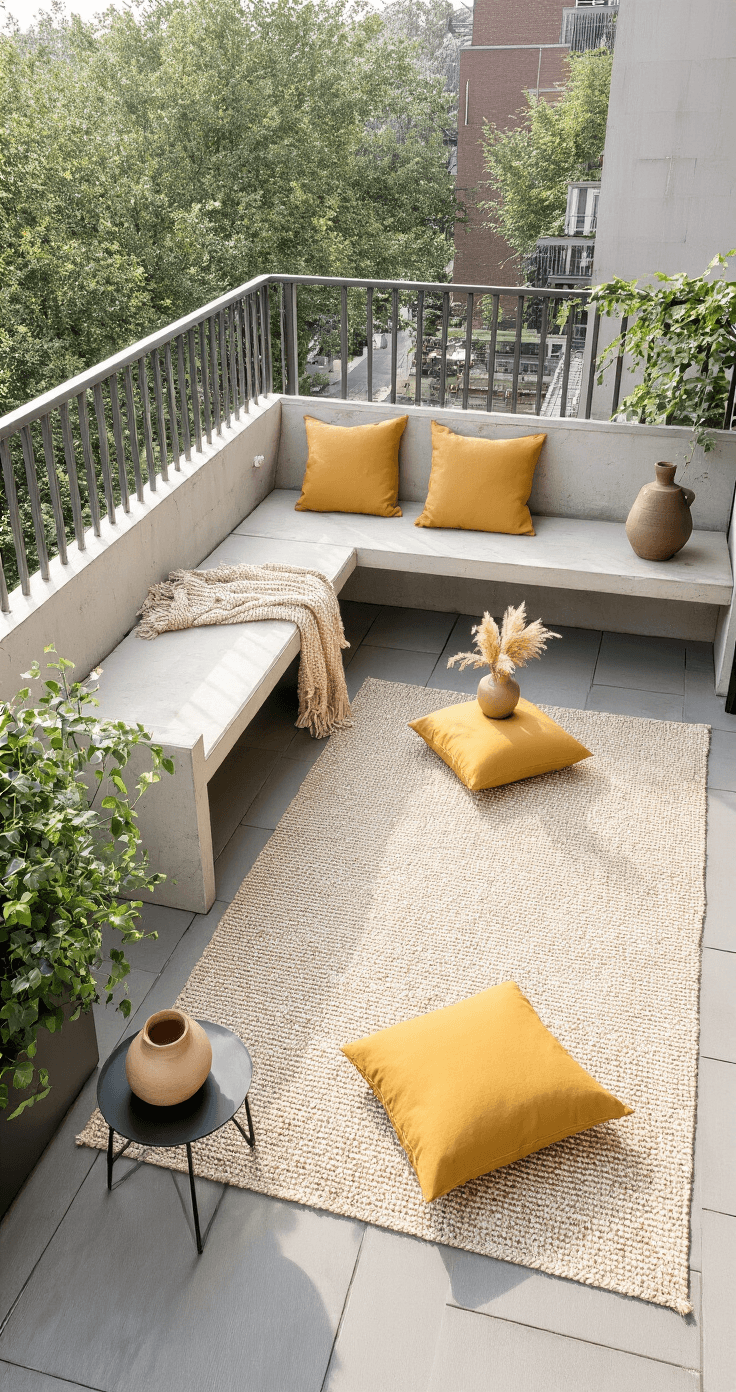 DIY Buitenzitje Maken: Zo Creëer Je Een Pinterest-Waardige Loungehoek Voor Minder Dan €200 A compact Dutch balcony lounge corner featuring a sleek concrete block bench with natural oak planks, adorned with large waterproof floor cushions in warm ivory, mustard yellow accent pillows, and a chunky knit throw. The space includes a geometric patterned outdoor rug, a black side table with a ceramic vase of dried pampas grass, and terracotta planters with climbing pothos and string-of-pearls against a white wall, all bathed in soft morning light.