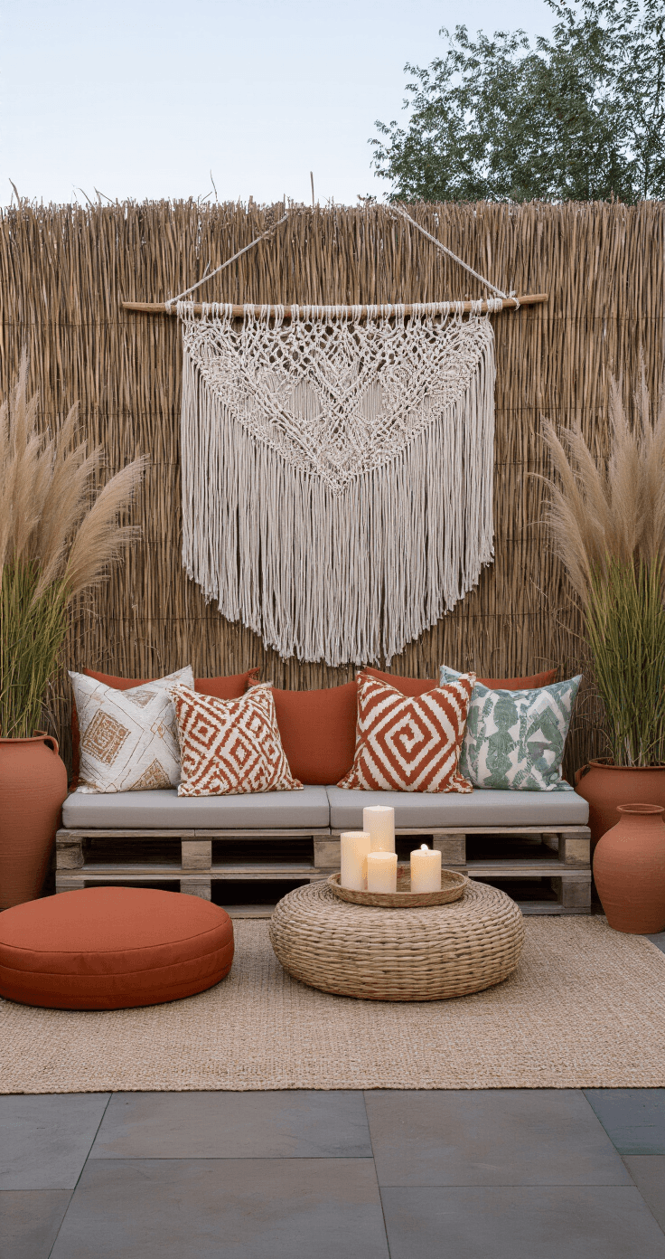 DIY Buitenzitje Maken: Zo Creëer Je Een Pinterest-Waardige Loungehoek Voor Minder Dan €200 A cozy Dutch garden lounging area at dusk featuring a macrame wall hanging, ceramic pots with ornamental grasses, a DIY pallet sofa with terracotta cushions, and a round rattan tray table with candles, all beautifully illuminated by Edison bulb string lights.