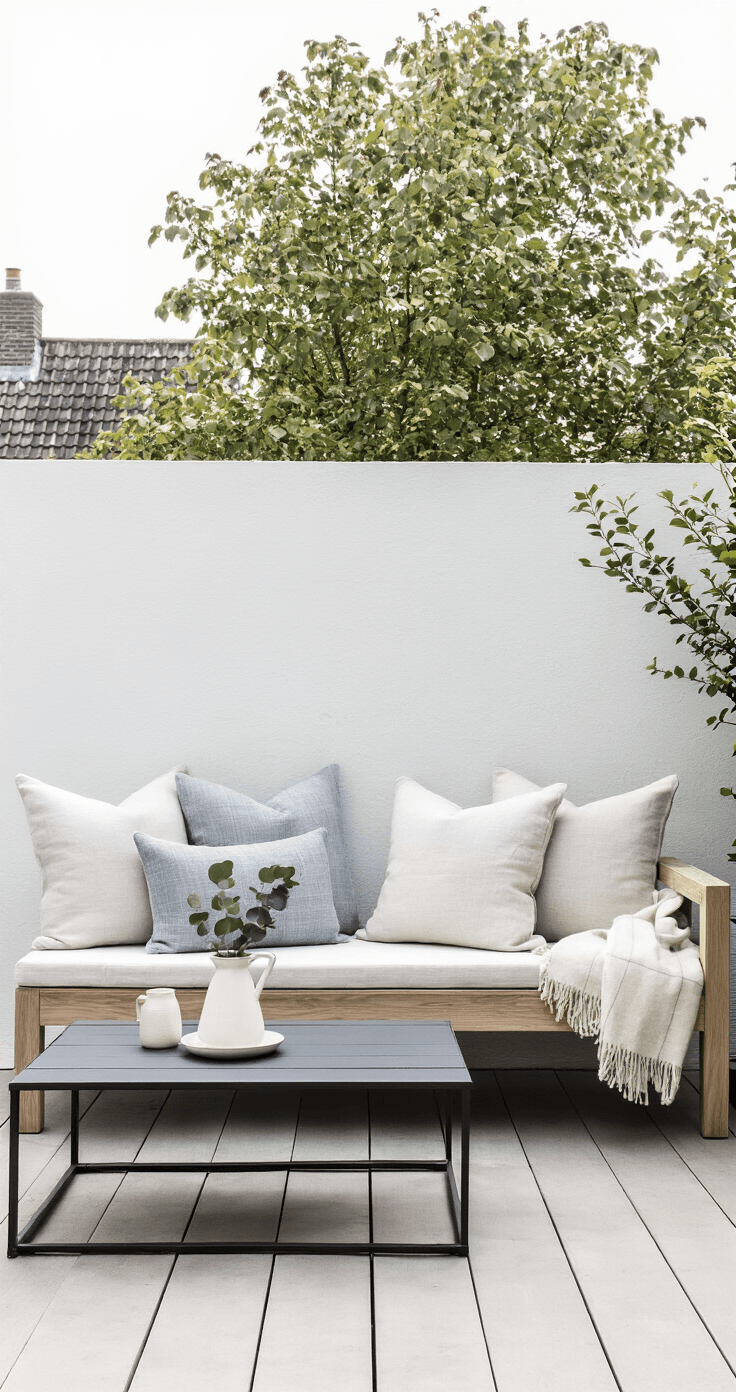 DIY Buitenzitje Maken: Zo Creëer Je Een Pinterest-Waardige Loungehoek Voor Minder Dan €200 Minimalist Scandinavian-inspired Dutch terrace featuring a wooden bench with oversized linen cushions, a black metal coffee table with a ceramic carafe and candle, framed by agave plants, against a whitewashed wall, in soft overcast morning light.