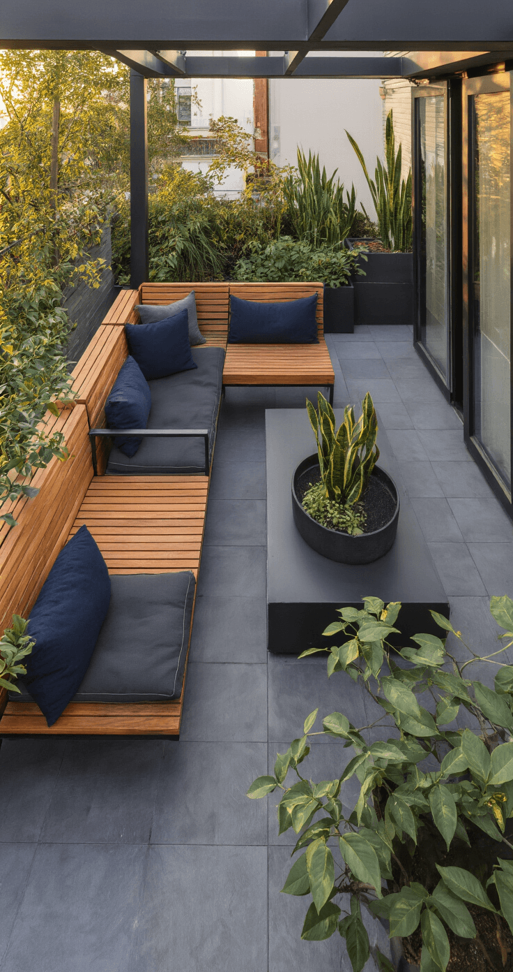 DIY Buitenzitje Maken: Zo Creëer Je Een Pinterest-Waardige Loungehoek Voor Minder Dan €200 A dramatic industrial-style Dutch garden lounge corner featuring a DIY steel frame bench with teak slat seating on a grey porcelain tile terrace, adorned with charcoal cushions, navy blue accent pillows, and an olive canvas throw, complemented by a black steel side table with a concrete planter and candle holders, set against a dark grey brick wall with a monochrome botanical print, all captured during golden hour.