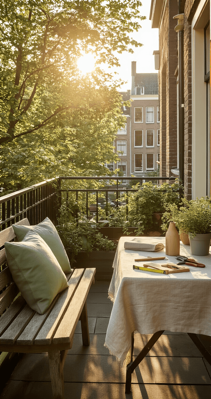 DIY Buitenkussens Maken: Zo Geef Je Jouw Balkon of Tuin Een Pinterest-Waardige Make-Over A sunlit Dutch apartment balcony at golden hour, featuring a teak bench with DIY outdoor cushions in dusty sage green and warm sand, surrounded by crafting tools on a bistro table, with soft shadows and a cozy, productive atmosphere.