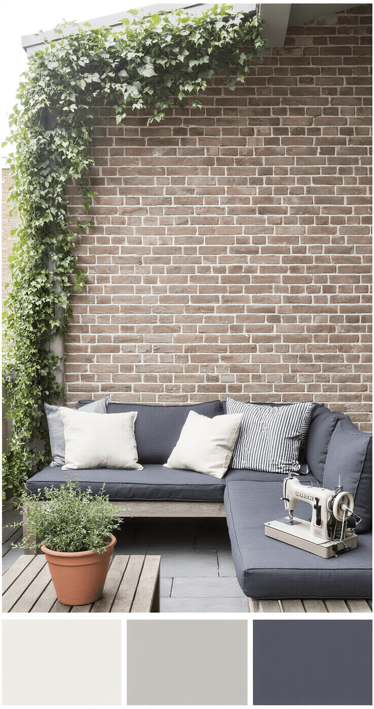 DIY Buitenkussens Maken: Zo Geef Je Jouw Balkon of Tuin Een Pinterest-Waardige Make-Over A bright Nordic-style Dutch living room terrace featuring a slate-grey outdoor sofa with DIY cushion covers, a vintage sewing machine on a reclaimed oak side table, and a terracotta pot with trailing ivy, set against a warm white original brick wall under diffused natural light.