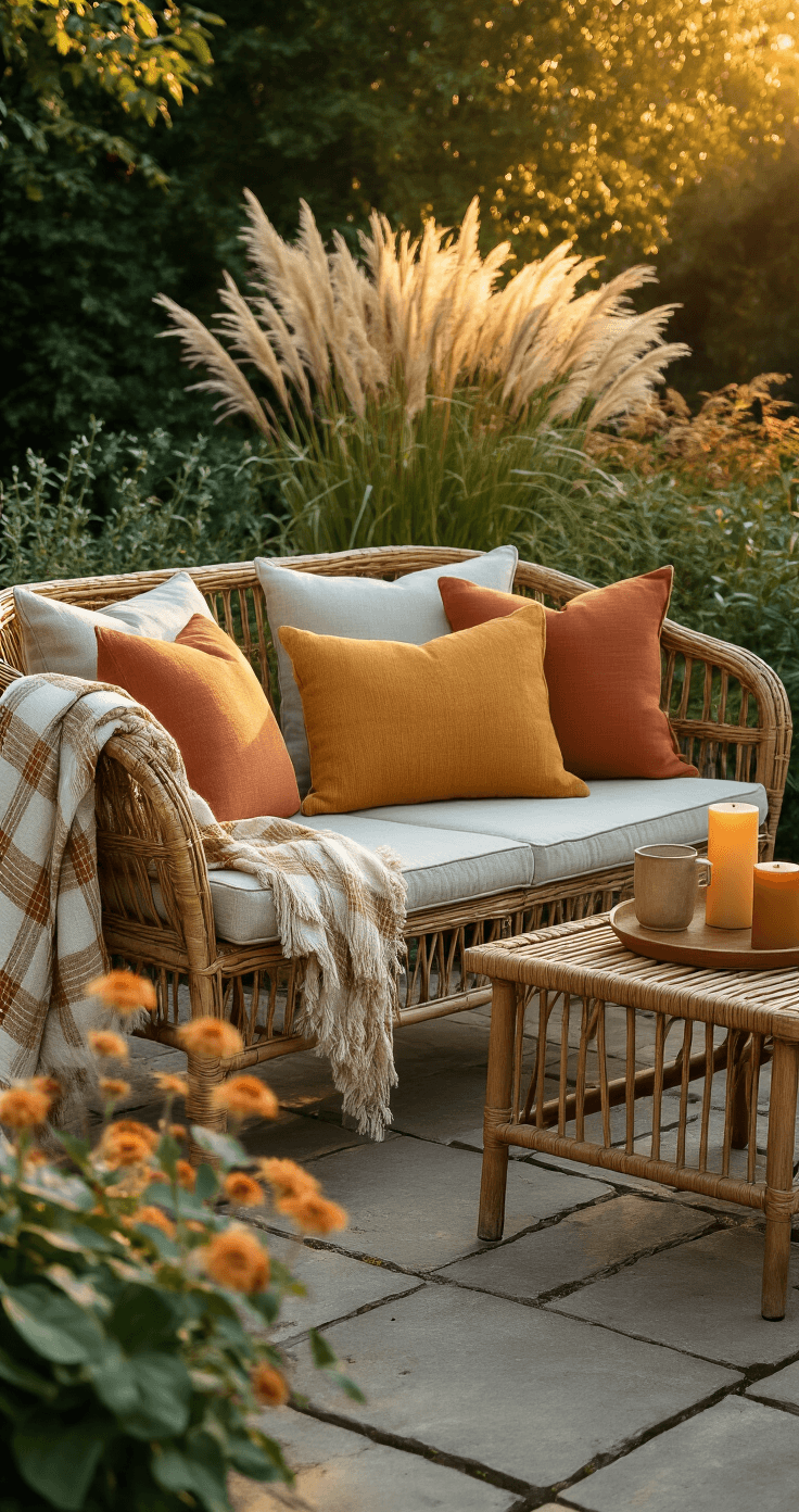 DIY Buitenkussens Maken: Zo Geef Je Jouw Balkon of Tuin Een Pinterest-Waardige Make-Over A Dutch garden corner featuring a rattan loveseat with boho cushions on a flagstone patio, enhanced by warm golden hour light, a low teak table with candles and a ceramic mug, and tall ornamental grasses in the background.
