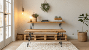 Waarom DIY-meubels de beste keuze zijn voor jouw interieur Een handgemaakte bijzettafel van palletwood met zwarte hairpin poten, gestyled met boeken en een keramische plantenpot, op een crème wollig kleed in een warme Nederlandse woonkamer tijdens het gouden uurtje.