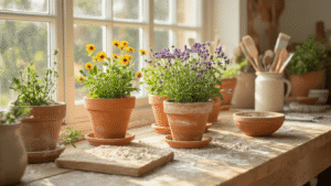 DIY Bloempotten en Vazen: Van Saai naar Spectaculair in Mijn Eigen Huis DIY bloempotten project op een rustieke houten werkbank met terracotta potten geverfd met structuurverf en baking soda, omringd door verfkwasten en natuurlijke materialen in warme gouden uurtje verlichting.