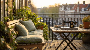 DIY Buitenkussens Maken: Zo Geef Je Jouw Balkon of Tuin Een Pinterest-Waardige Make-Over Cinematic golden hour scene on a Dutch balcony featuring a teak bench with handmade outdoor cushions in dusty sage green and warm sand tones, a vintage sewing machine, and neatly arranged waterproof fabric swatches on a reclaimed oak bistro table, complemented by trailing ivy in terracotta pots against a soft bokeh background of Amsterdam canal rooftops.