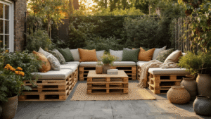 DIY buitenmeubels maken: van pallet tot perfecte Pinterest-look Fotorealistisch uitzicht op een Nederlandse tuin met een zelfgemaakte pallet loungeset, steigerhout bijzettafel, en betonblokken bank. De gezellige hygge sfeer wordt versterkt door crème en salie groene kussens, dikke gebreide plaids, aardewerk vazen met verse bloemen, en industriële plantenbakken. Verlichting wordt toegevoegd met lantaarns. De natuurlijke texturen van ruw hout en zachte stoffen worden gecombineerd met terracotta en navy blauwe accentkleuren, tegen een verweerde houten schutting met klimplanten op de achtergrond.