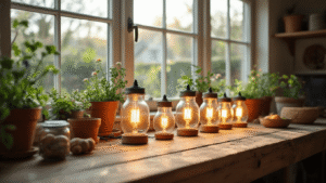 DIY tuinverlichting transformeert je buitenruimte van saai naar sprookjesachtig, en het beste van alles? Je hoeft geen elektricien te zijn om het te doen. Fotorealistisch beeld van een houten werkbank in een gezellige werkplaats, met handen die LED-lampen in glazen potten rijgen, omringd door ambachtelijke materialen en warm middaglicht.
