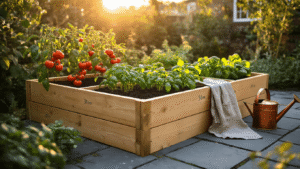 DIY Moestuinbakken Maken: De Complete Gids voor een Prachtige en Functionele Moestuin Cinematisch gouden uur beeld van een rustieke achtertuin met een handgemaakte, houten verhoogde moestuinbak van grenen, gevuld met rijke aarde en geplande vakken met cherrytomaten, basilicum en spinazie, verlicht door warme amber zonlicht.