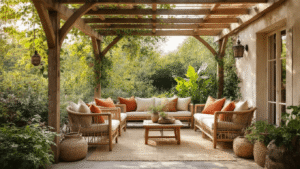 DIY Pergola Styling: Van Saaie Hoek tot Pinterest-Waardige Droomhoek Wijdhoek opname van een bohemian Scandinavische stijl pergola met houten meubels, zachte kussens en weelderige planten tijdens het gouden uur.