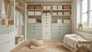 Waarom DIY Opbergdozen Je Leven Veranderen Professionele foto van een lichte Scandinavische slaapkamer walk-in closet met DIY geschilderde opslagdozen, gevouwen crème linnen en terracotta beautyproducten in een warme sfeer tijdens het gouden uur.