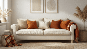 DIY Kussens en Plaids: Zo Creëer je Pinterest-Waardige Interieurinspiratie Fotorealistisch beeld van een warme Scandinavische woonkamer met crèmekleurige linnen bank, handgemaakte DIY kussens, haakplaid in burnt orange, vintage boeken, keramieken mok, brandende kaars en pampasgras, verlicht door natuurlijk licht en met beton- en houttonen.