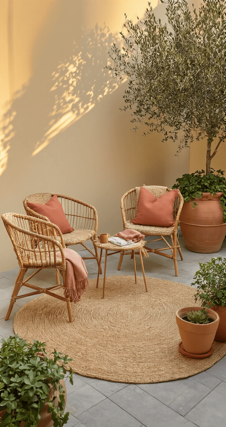 DIY Buitenvloerkleed Maken: Van Sisaltouw tot Stijlvolle Buitenhoek (Met Pinterest-Waardige Foto's) A sunlit Dutch terrace with a round sisal rope rug at the center, two rattan chairs with linen cushions in warm tones, a teak side table with a mug and linen throw, and three terracotta pots featuring an olive tree, pothos, and succulents, captured in warm amber light from a 45-degree overhead angle.