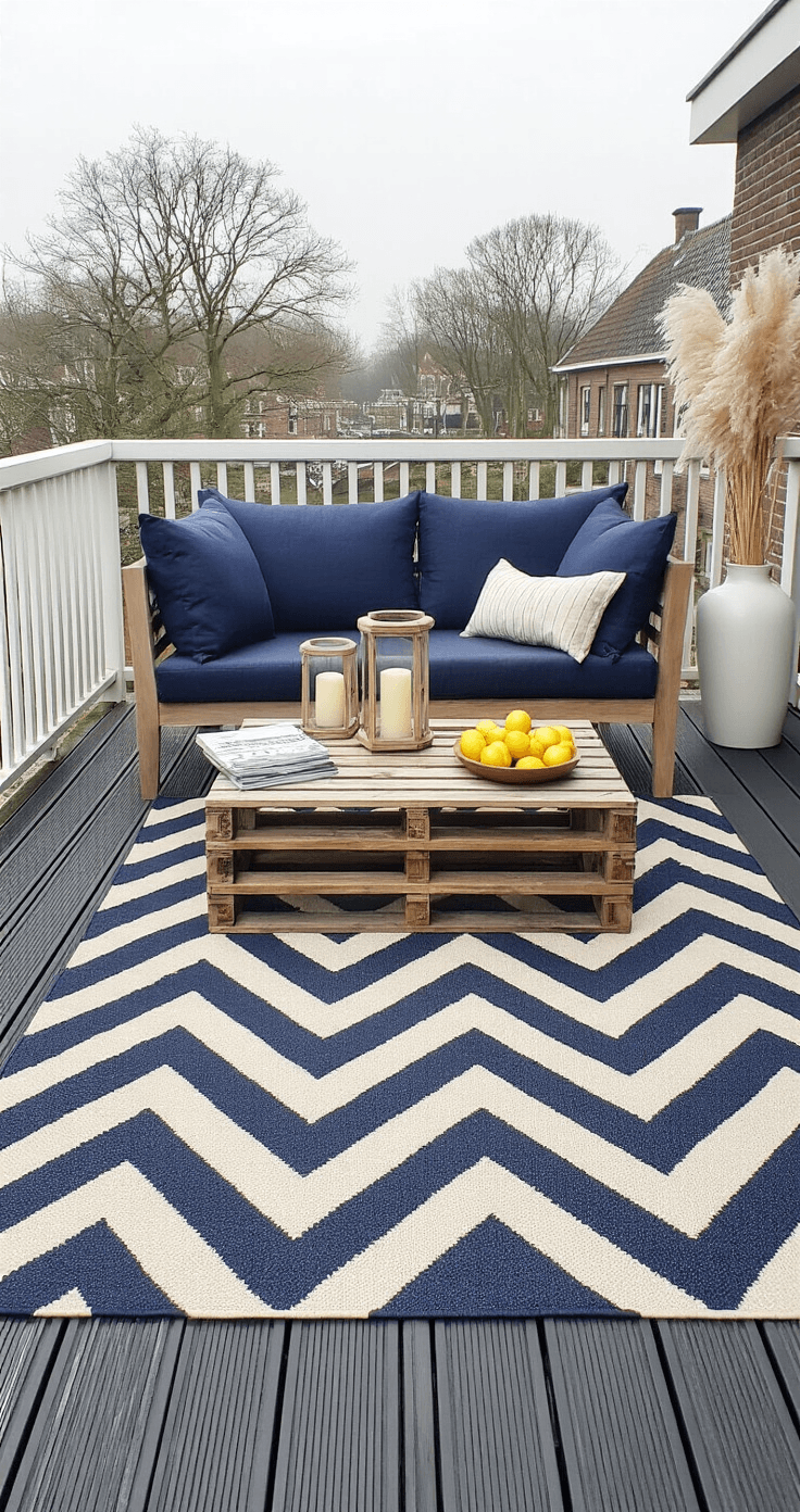 DIY Buitenvloerkleed Maken: Van Sisaltouw tot Stijlvolle Buitenhoek (Met Pinterest-Waardige Foto's) Overcast morning on a Dutch balcony with a navy and off-white chevron-pattern rug, a weathered teak two-seater sofa with navy cushions, a wooden crate coffee table with lanterns and magazines, and a tall pot of pampas grass, all illuminated by soft natural light.