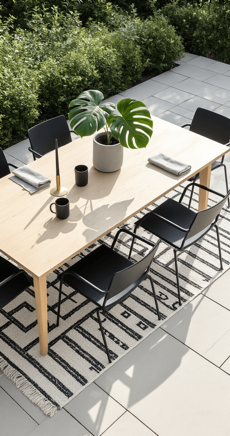 DIY Buitenvloerkleed Maken: Van Sisaltouw tot Stijlvolle Buitenhoek (Met Pinterest-Waardige Foto's) Minimalist Scandinavian-styled Dutch garden terrace in soft morning light featuring a geometric grid outdoor rug on pale limestone pavers, a sleek birch dining table with black chairs, and a concrete pot with a monstera leaf, taper candles, and a folded napkin beside a ceramic mug, captured from a slightly elevated angle.