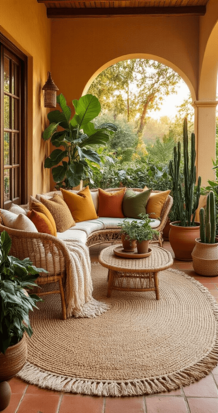 DIY Buitenvloerkleed Maken: Van Sisaltouw tot Stijlvolle Buitenhoek (Met Pinterest-Waardige Foto's) Bohemian Dutch veranda scene at golden hour, featuring a large oval sisal rug on terracotta tiles, a curved rattan loveseat with cream throws and mismatched cushions, a low teak coffee table, and five plants including a tall fiddle-leaf fig and small cacti, all illuminated by warm orange backlight.