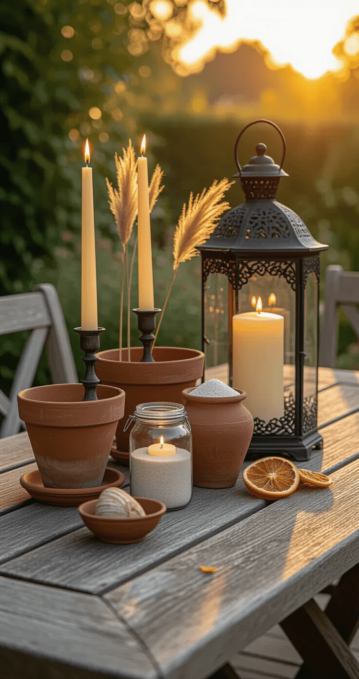 DIY Buitenkaarsen en Lantaarns: Zo Maak Je Jouw Tuin of Balkon Sfeervol A picturesque Dutch garden terrace at golden hour, featuring a weathered teak table surrounded by terracotta pots with ivory candles, rustic jam jars with tea lights, and a wrought-iron lantern, all enhanced by dried citrus slices and pampas grass, against a soft sage backdrop.
