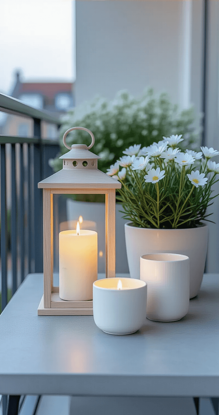 DIY Buitenkaarsen en Lantaarns: Zo Maak Je Jouw Tuin of Balkon Sfeervol A serene Dutch balcony scene at dusk featuring a minimalist table display with a tall ash wood lantern and ceramic pots holding ivory candles, set against a blurred backdrop of clean architectural lines and potted white flowers.