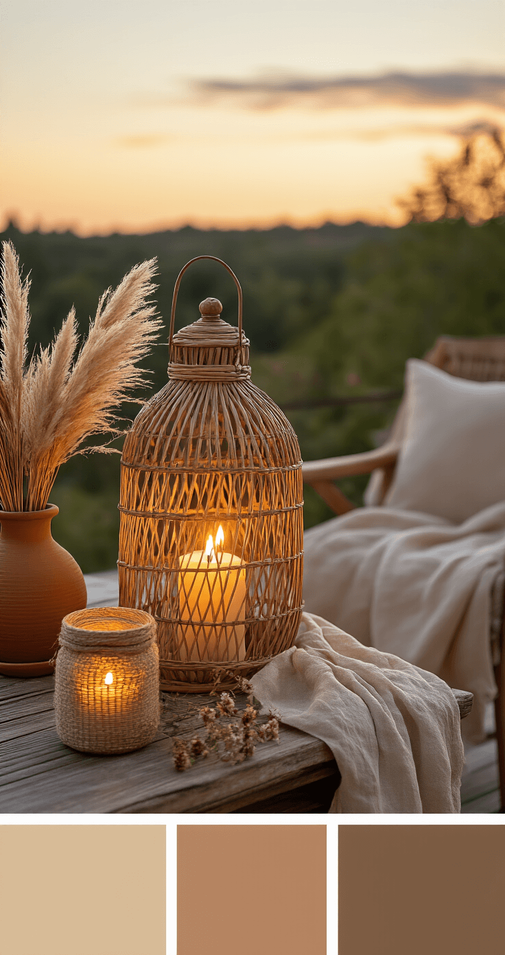 DIY Buitenkaarsen en Lantaarns: Zo Maak Je Jouw Tuin of Balkon Sfeervol Bohemian terras hoek met vintage rattan lantaarn, geweven jute-jampotten met kaarslicht, gedroogde pampasgras en wildbloemen, vastgelegd in magisch schemerlicht.