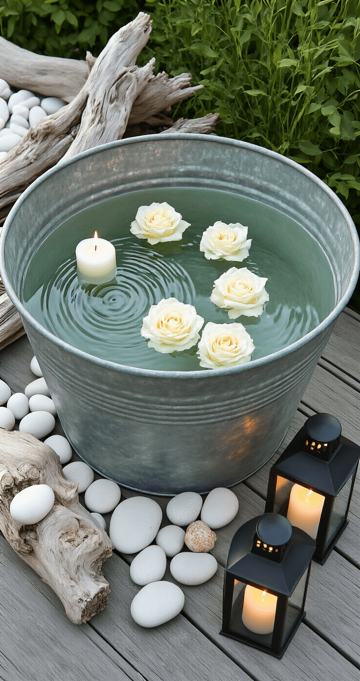 DIY Buitenkaarsen en Lantaarns: Zo Maak Je Jouw Tuin of Balkon Sfeervol A coastal-inspired Dutch garden vignette featuring a large zinc tub filled with water and floating white garden roses, surrounded by driftwood, pebbles, and black metal lanterns with candles, all basking in warm amber candlelight on weathered grey decking.