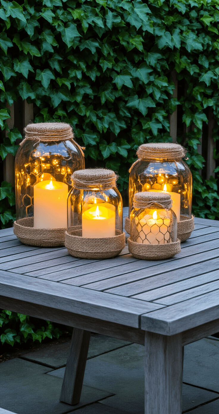 DIY Windlichten voor de Tuin: Zo Maak Je Sfeervolle Lichtjes Die Pinterest Gek Maken A cozy Dutch garden terrace features a weathered teak table at center, surrounded by tightly clustered handmade glass jar lanterns filled with warm LED candles. The stone tile floor glistens from dew, while trailing ivy frames the deep green fence. The scene, captured during blue hour at a 45-degree angle, exudes intimate warmth with its amber and moss green color palette.