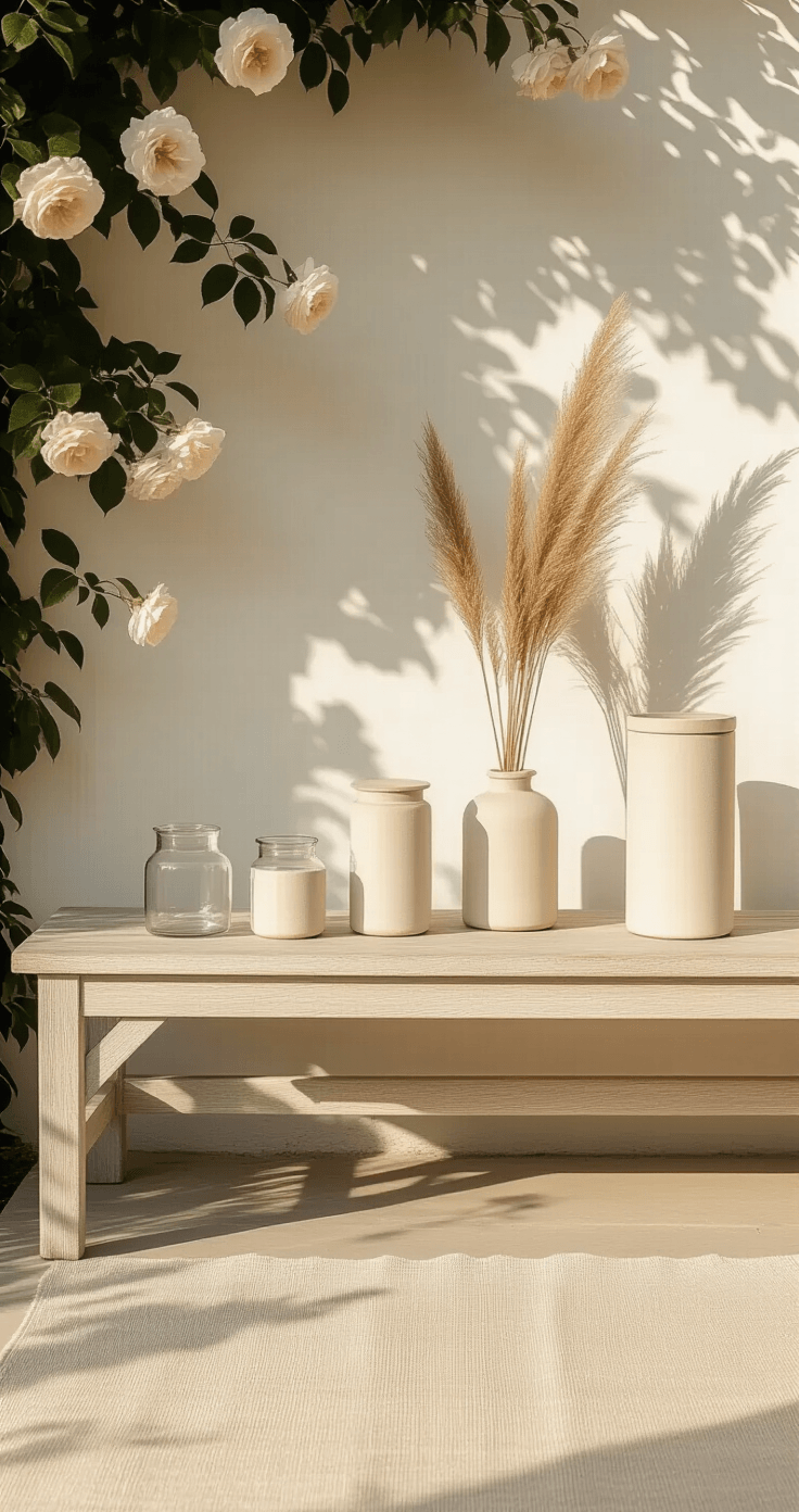 DIY Windlichten voor de Tuin: Zo Maak Je Sfeervolle Lichtjes Die Pinterest Gek Maken A serene minimalist Dutch garden vignette at golden hour, featuring a bleached oak bench with five handmade windlichten in ascending heights, accompanied by dried pampas grass. The scene is set against a whitewashed wall adorned with soft climbing roses, with a pale linen runner in warm ecru. The color palette includes bone white, warm sand, pale sage, and blush, creating a tranquil atmosphere.