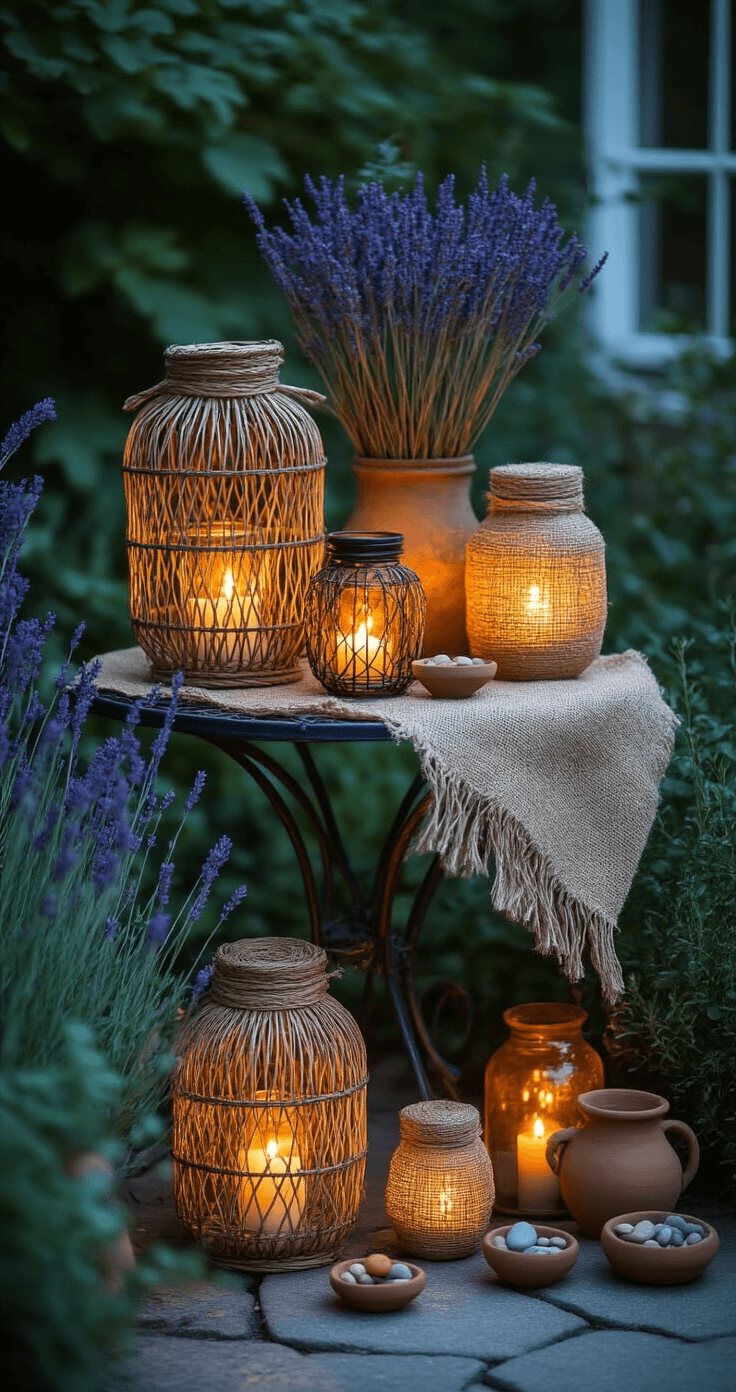 DIY Windlichten voor de Tuin: Zo Maak Je Sfeervolle Lichtjes Die Pinterest Gek Maken A cozy bohemian Dutch garden corner at deep blue hour, featuring a vintage wrought iron side table draped with a jute cloth, surrounded by an organic cluster of seven mixed-style windlichten, including woven lanterns, jute-wrapped jars, and clay pots with LED tea lights, enriched by dried lavender, eucalyptus, and decorative pebbles, radiating warm amber light in a color palette of terracotta, warm amber, dusty sage, raw linen, and burnished copper.
