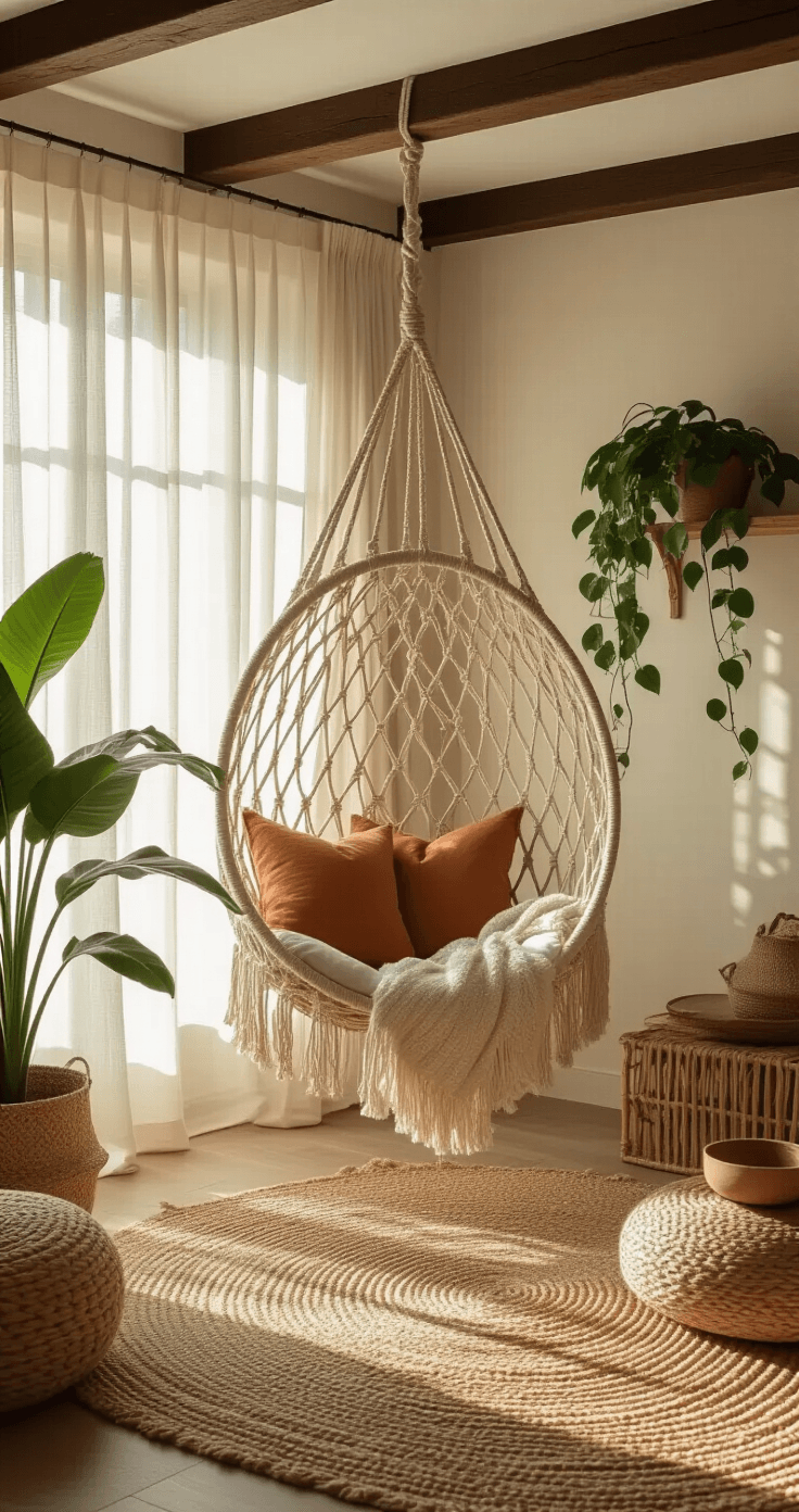DIY Hangstoelen en Schommels: Zo Maak Je Een Stijlvolle Plek Die Iedereen Wil Fotograferen Sunlit Dutch living room corner with a macramé hanging chair, sheer linen curtains, a hand-knotted jute rug, monstera plant, and rattan shelf, featuring warm tones and gentle bokeh.