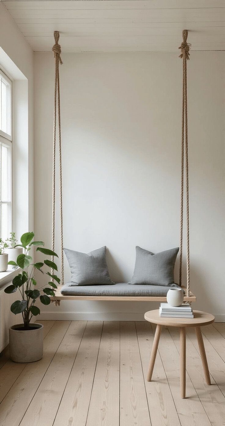 DIY Hangstoelen en Schommels: Zo Maak Je Een Stijlvolle Plek Die Iedereen Wil Fotograferen Minimalistisch Scandinavisch geïnspireerd interieur met een houten schommel, witgekalkte muren en grote Pilea peperomioides planten, gefotografeerd in zacht diffuus ochtendlicht.