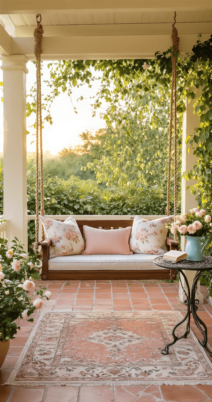 DIY Hangstoelen en Schommels: Zo Maak Je Een Stijlvolle Plek Die Iedereen Wil Fotograferen Een romantische veranda in Franse cottage-stijl, met een handgemaakt houten schommeltje in kastanjebruin, op een terracotta tegelvloer bedekt met een vervaagde Perzische tapijt. Een bistrotafel houdt verse rozen in een lichtblauwe emaille kan en een halfgelezen paperback. Jasmijn klimt langs de pergola. Gefotografeerd in het gouden uur met warme zijkantverlichting.