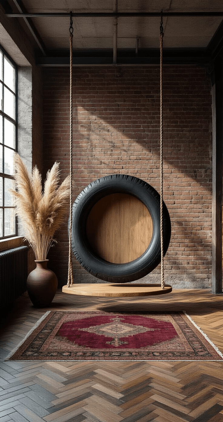 DIY Hangstoelen en Schommels: Zo Maak Je Een Stijlvolle Plek Die Iedereen Wil Fotograferen Industriële bohemian interieur met exposé donkere bakstenen muren, ruwe betonnen plafond, zwarte rubberen tyre-swing, eikenhouten zitting, en sisal touw. Vintage Perzisch tapijt in diep burgundy en oker, pampasgras in donkere klei opstelling, en Edison lampjes. Matte zwarte ijzeren bijzettafel met leren journal en amber glazen kaars.