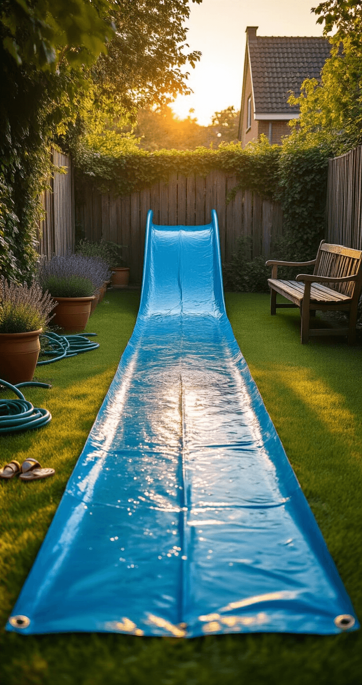 DIY Buitenwaterspelen: Zo Maak Je de Leukste Waterspellen met Spullen uit Huis A sunlit Dutch backyard garden at golden hour featuring a DIY water slide on vibrant green grass, bordered by a rustic wooden fence with ivy. Water droplets sparkle on a blue tarpaulin, with a coiled garden hose, terracotta pots of lavender, a wooden bench, and children's sandals scattered around. The scene conveys a joyful, carefree summer afternoon.