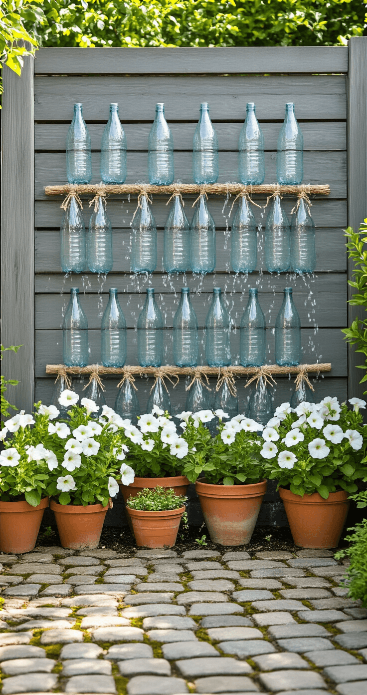 DIY Buitenwaterspelen: Zo Maak Je de Leukste Waterspellen met Spullen uit Huis A charming Dutch garden fence featuring a creative water wall installation made from repurposed transparent plastic bottles, cascading water streams, vintage terracotta pots with white petunias, and a cobblestone terrace with natural moss, all captured in bright midday light.