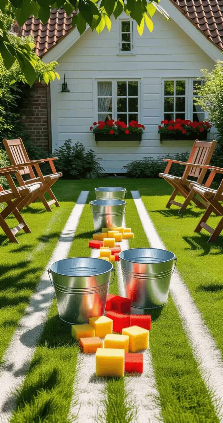 DIY Buitenwaterspelen: Zo Maak Je de Leukste Waterspellen met Spullen uit Huis A vibrant Dutch garden featuring a competitive sponge relay race setup in bright summer light, with galvanized zinc buckets on a lush striped lawn, colorful sponges scattered on grass, rustic wooden chairs, a white timber garden house adorned with red geraniums, and dappled shadows from an overhead linden tree.