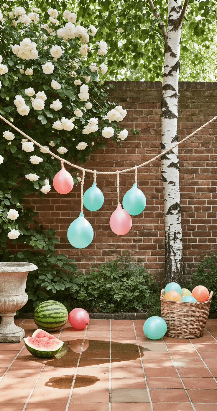 DIY Buitenwaterspelen: Zo Maak Je de Leukste Waterspellen met Spullen uit Huis A vibrant Dutch backyard party scene featuring a watermelon piñata game setup, with a classic brick garden wall adorned with white roses. A hemp rope holds three translucent water balloons between birch trees, while the terracotta terrace below reflects the blue sky. A wicker basket filled with colorful balloons is next to a weathered stone urn, all captured in bright summer light from a low angle.