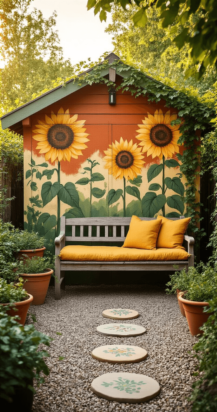 DIY Tuinschilderingen: Zo Maak Je Je Tuin Tot Een Levend Kunstwerk A sunlit Dutch garden at golden hour featuring a hand-painted mural on a wooden shed, surrounded by terracotta pots, a weathered bench with a mustard cushion, and garden stones along a gravel path, all bathed in warm, diffused light.