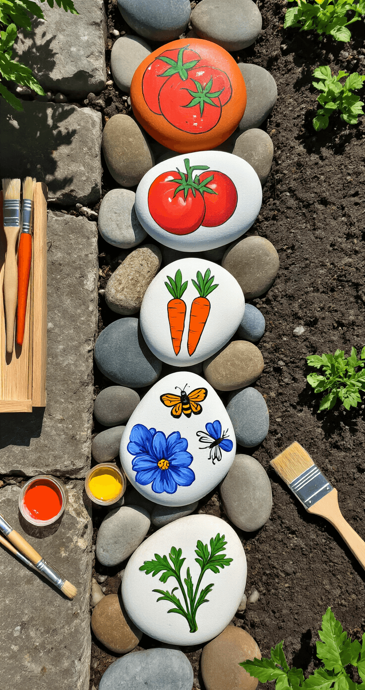 DIY Tuinschilderingen: Zo Maak Je Je Tuin Tot Een Levend Kunstwerk A flat lay of a vibrant Dutch garden on a sunny spring morning, featuring hand-painted river stones with botanical designs, a wooden trug, paintbrushes, and paint jars, showcasing playful colors and textures.