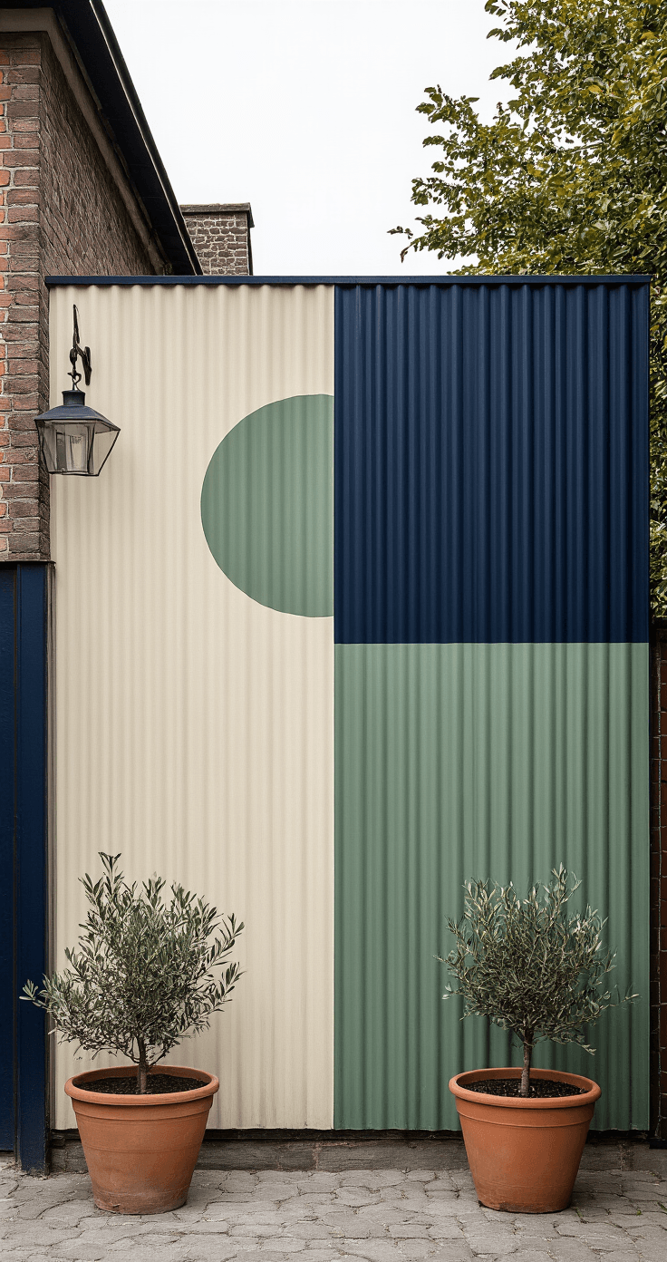 DIY Tuinschilderingen: Zo Maak Je Je Tuin Tot Een Levend Kunstwerk A minimalistic Dutch garden wall scene featuring a large corrugated metal fence painted deep navy blue with a cream geometric circle and sage green brushstrokes, flanked by terracotta pots with olive trees, and a slim black lantern hanging from a hook, under soft diffused daylight.