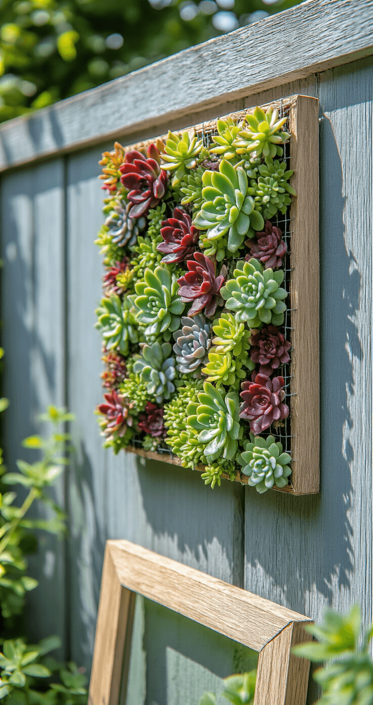 DIY Tuinschilderingen: Zo Maak Je Je Tuin Tot Een Levend Kunstwerk Een close-up productfotografie van een DIY levend schilderij, stevig geplant met sedum en echeveria, gemonteerd op een verweerd grijs houten hek in een Nederlandse tuin op een warme zomermiddag. Waterdruppels glinsteren op de vetplantbladeren, met een subtiel uitzicht op het gaas aan de randen. Op de achtergrond een vervaagde blauwe verf op het hek en een lege bijpassende lijst eronder.