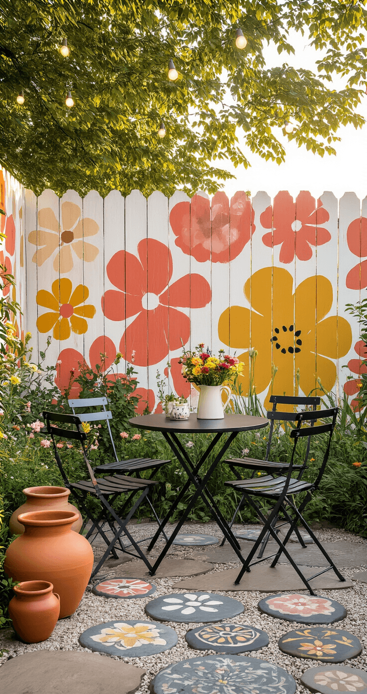 DIY Tuinschilderingen: Zo Maak Je Je Tuin Tot Een Levend Kunstwerk A romantic Dutch garden at golden hour, featuring a hand-painted wooden fence adorned with oversized floral designs in coral and yellow, a small matte black bistro table with chairs, a ceramic pitcher of fresh flowers, mismatched terracotta pots, and a stone path illuminated by string lights.