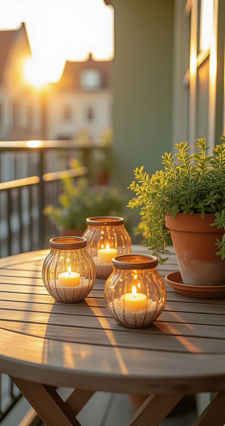 DIY Tuinornamenten: Zo Maak Je Zelf Sfeervolle Blikvangers voor Tuin of Balkon Een zonovergoten Nederlands balkon met een bistrotafel van verouderd teak, omringd door handgemaakte glazen pot-lantaarns gevuld met zand en kiezelsteentjes. Terracotta bloempotten met groene sedum flankeren de tafel op een achtergrond van muted saliegroen muren en koperen details. De scène, vastgelegd tijdens het gouden uur, straalt een intieme, gezellige sfeer uit met warme amberkleuren in het licht.