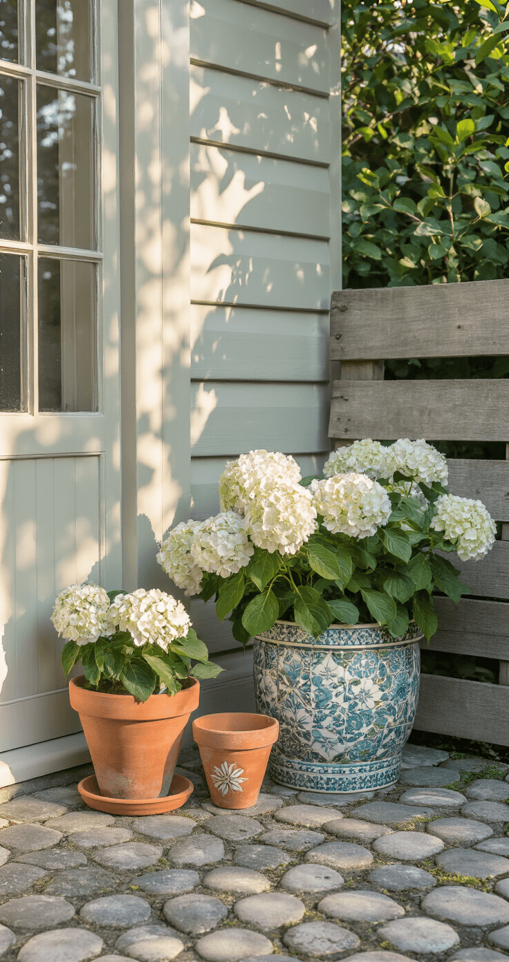 DIY Tuinornamenten: Zo Maak Je Zelf Sfeervolle Blikvangers voor Tuin of Balkon A compact Dutch patio corner in soft morning light, featuring a handcrafted mosaic flowerpot with white hydrangeas, flanked by terracotta pots, on antique cobblestone flooring with a weathered pallet and painted stones in the background.