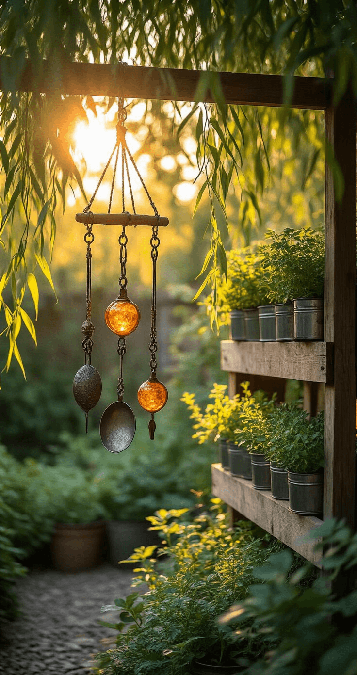 DIY Tuinornamenten: Zo Maak Je Zelf Sfeervolle Blikvangers voor Tuin of Balkon Rustieke tuinhoek gefotografeerd tijdens het gouden uur, met warm licht dat door wilgentakken stroomt. Handgemaakte windgong van vintage bestek en koperen sleutels, hangend aan een knoestige tak, met amber glazen kraaltjes. Op de achtergrond een verticale pallet kruiden tuin in tinnen bloempotten, met amber en zeeglas groene flessen gevuld met zand en gedroogde takken.
