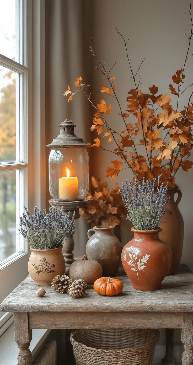 DIY Tuinornamenten: Zo Maak Je Zelf Sfeervolle Blikvangers voor Tuin of Balkon Intieme herfststijl op een Nederlandse balkon met een weerbestendige houten tafel, gevuld met een grote glazen pot-lantaarn met gedroogde eikels en dennenappels, twee vintage jampotten met lavendel, handgeschilderde stenen in roestig rood en koper, en een chunky crème wollen plaid over een grijze rattan stoel. Warme, zachte verlichting zonder harde schaduwen, met een achtergrond van verweerde grijze houten schuttingpanelen.