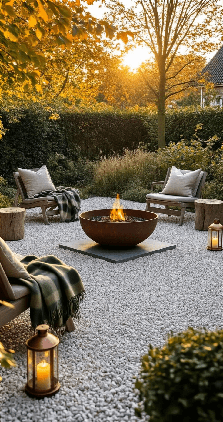 DIY Vuurkorf & BBQ-plek: Zo Bouw en Style Je De Perfecte Buitenhoek A cozy Dutch garden terrace in early autumn, featuring a central fire bowl on grey tiles surrounded by white gravel, flanked by raw oak side tables. Mismatched folding chairs draped with olive green and natural linen plaids, lit by glowing copper lanterns. A dark steel wood rack holds birch logs, while terracotta pots with trailing herbs enhance the intimate atmosphere.